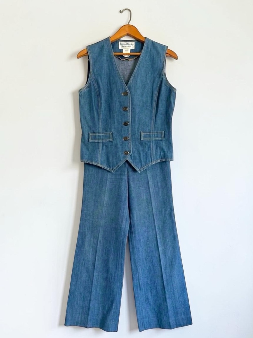 Vintage 1970s Denim Works Vest High Waist Wide Leg Jean Coord Set Cotton